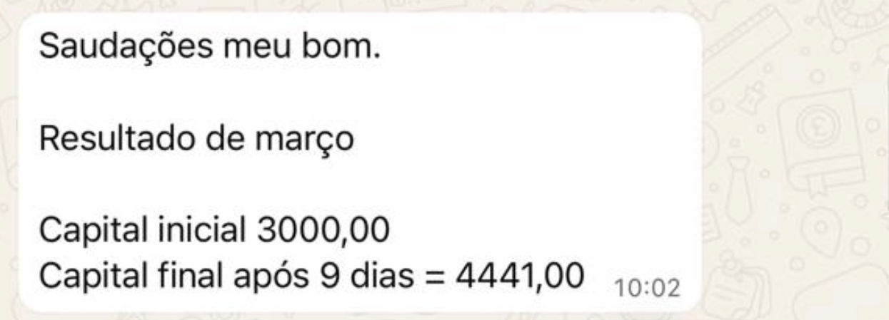 Capital inicial 3.000, capital final 4.441 em 9 dias